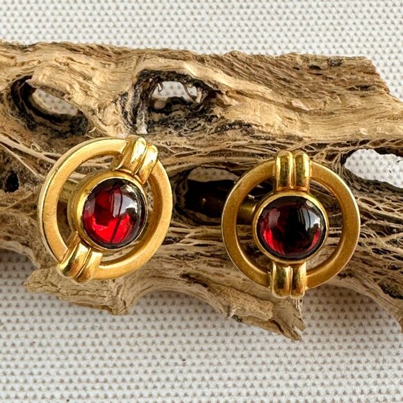 1960s Red Glass Gold Cufflinks, Gift for Him - Picture 1 of 10